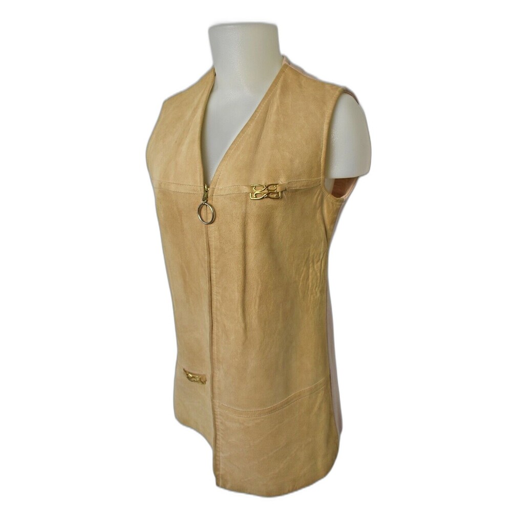 Vintage 1960s Tokki Tu Beige Suede & Wool Zip-Front V-Neck Mod Vest - Women's 12